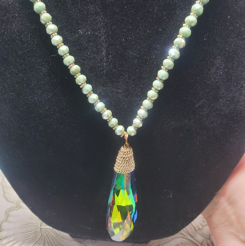 Gold Tone Chain With A 34"  Green Beaded Necklace with Crystal Drop. 3" Extender